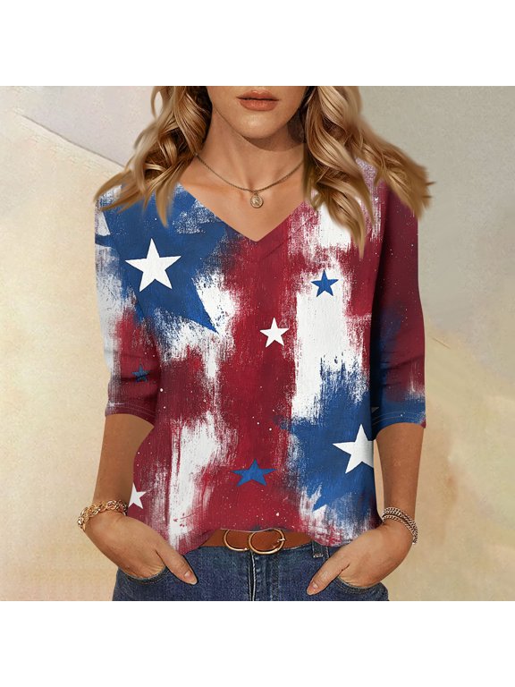 250th Anniversary Usa Shirts Women 3/4 Sleeve American Flag 250 Anniversary Usa Shirt V Neck Plus Size 1776 Blouses Graphic Tops Red 2XL