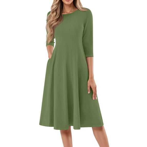 Evdexr 3/4 Sleeve Fit and Flare Dresses for Women Solid Color A Line Flowy Dress Crew Neck Casual Midi Dress with Pockets Army Green S