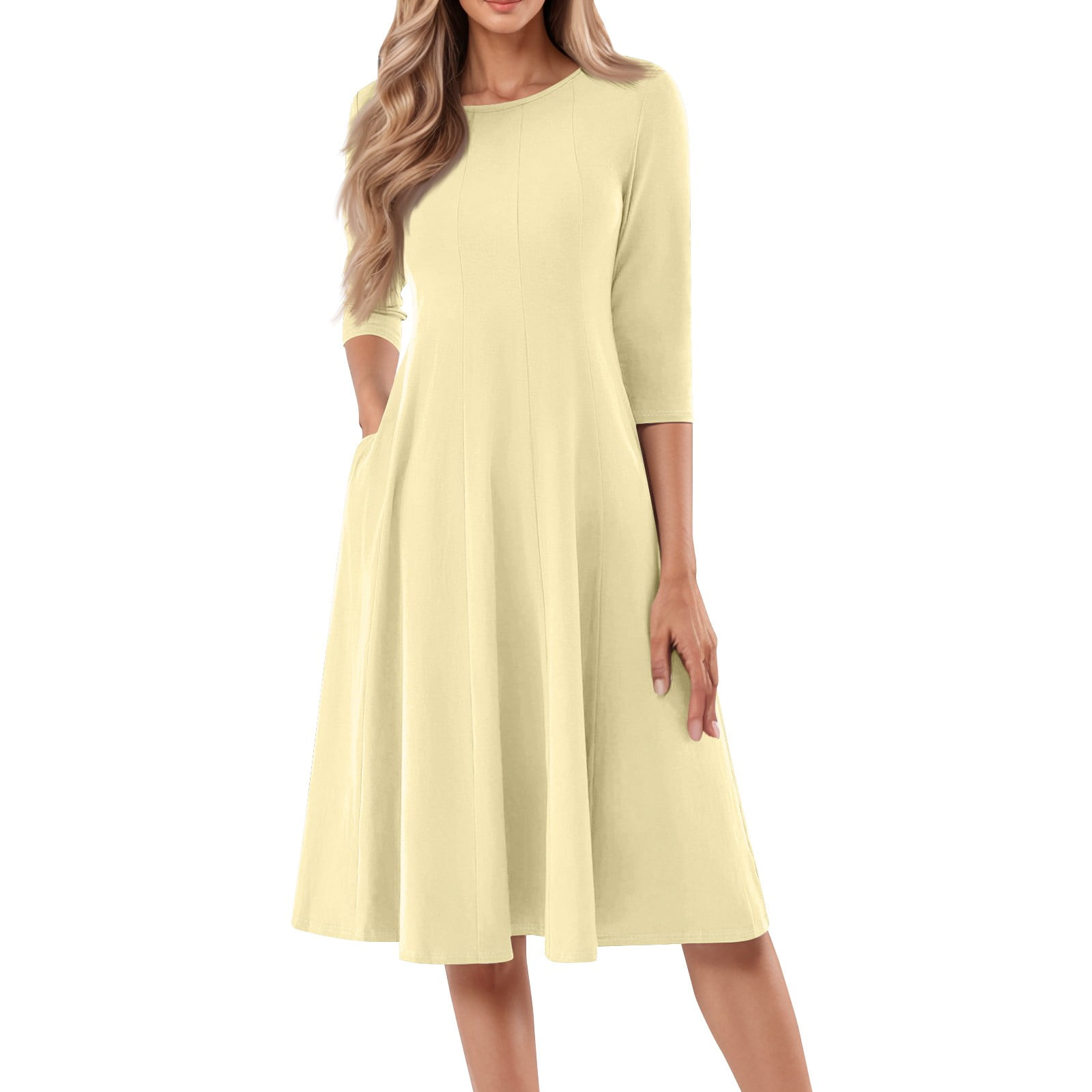 Evdexr 3/4 Sleeve Fit and Flare Dresses for Women Solid Color A Line Flowy  Dress Crew Neck Casual Midi Dress with Pockets Beige S - Walmart.com