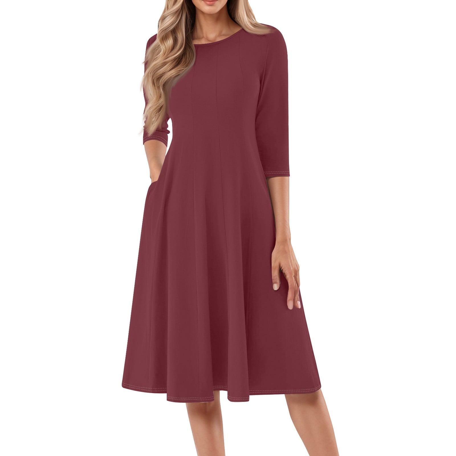 Evdexr 3/4 Sleeve Fit and Flare Dresses for Women Solid Color A Line Flowy Dress Crew Neck Casual Midi Dress with Pockets Dark Purple L Evdexr 3/4 Sleeve Fit and Flare Dresses for Women Solid Color A Line Flowy Dress Crew Neck Casual Midi Dress with Pockets Dark Purple L