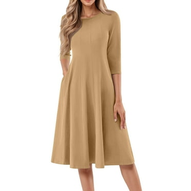 Evdexr 3/4 Sleeve Fit and Flare Dresses for Women Solid Color A Line Flowy Dress Crew Neck Casual Midi Dress with Pockets Light Brown S