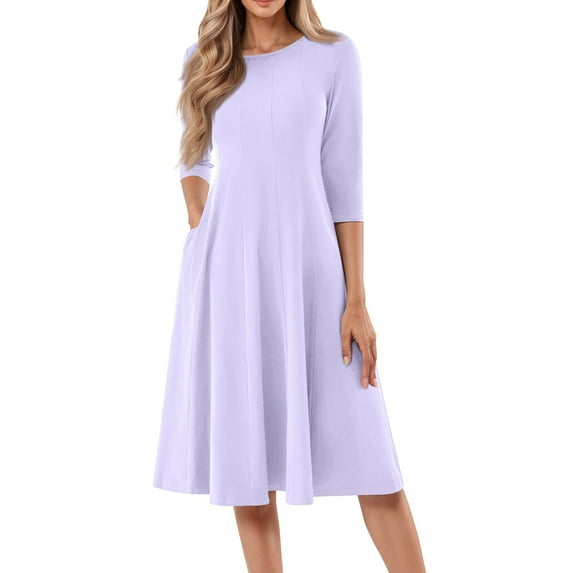 Evdexr 3/4 Sleeve Fit and Flare Dresses for Women Solid Color A Line Flowy Dress Crew Neck Casual Midi Dress with Pockets Light Purple XL