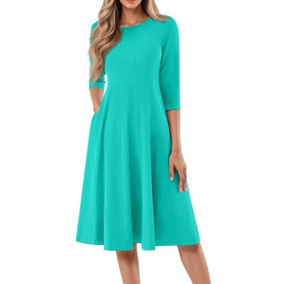 Evdexr 3/4 Sleeve Fit and Flare Dresses for Women Solid Color A Line Flowy Dress Crew Neck Casual Midi Dress with Pockets Turquoise L