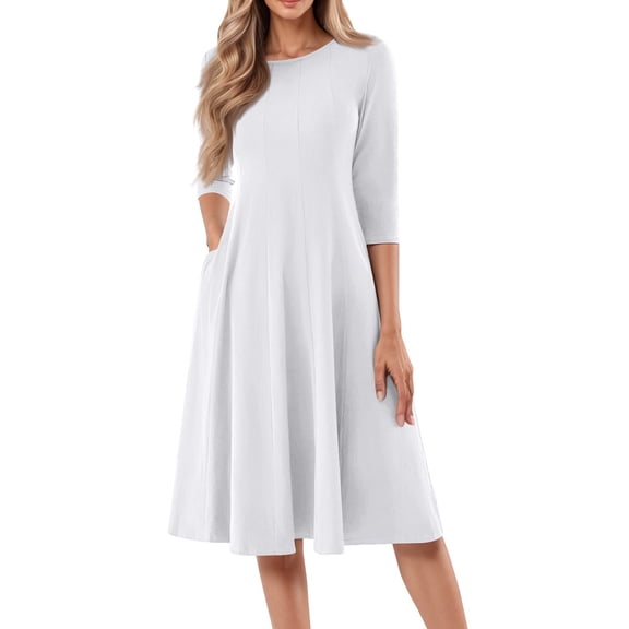 Evdexr 3/4 Sleeve Fit and Flare Dresses for Women Solid Color A Line Flowy Dress Crew Neck Casual Midi Dress with Pockets White XL