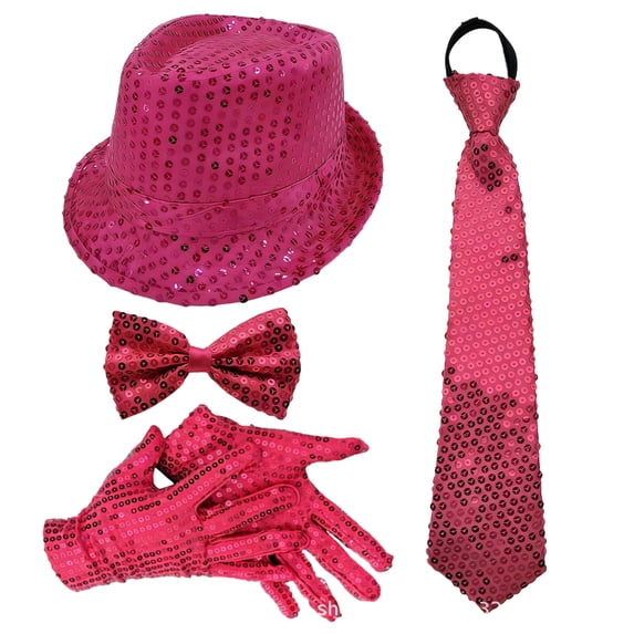 Evdexr 70s Disco Outfits For Women Men Sequin Fedora Hat Gloves Tie Suspenders Bow 80s Outfit Unisex Hot Pink