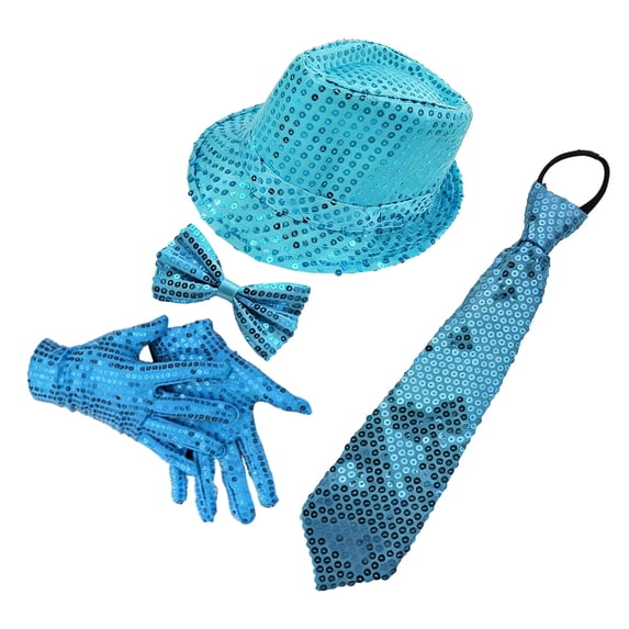 Evdexr 70s Disco Outfits For Women Men Sequin Fedora Hat Gloves Tie Suspenders Bow 80s Outfit Unisex Sky Blue
