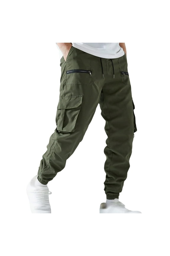 Baggy Sweatpants Mens Cargo Tactical Pants Zipper Pockets Drawstring Outdoor Trousers Winter Tapered Stretch Multi Pockets Elastic Waist Harem Pants Army Green L