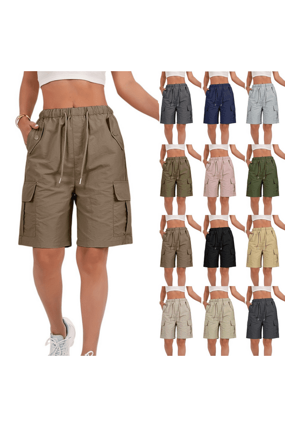 Bermuda Shorts Womens Hiking Cargo Short Pants Drawstring Relaxed Fit Outdoor Golf Shorts Casual Knee Length High Rise Quick Dry Trouser Shorts Light Brown 2XL