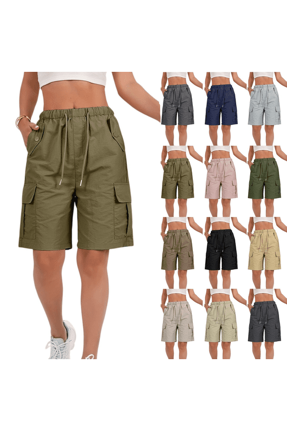 Bermuda Shorts for Womens Hiking Cargo Trouser Shorts Knee Length High Rise Outdoor Golf Shorts 2025 Drawstring Relaxed Fit Stretchy Shorts Army Green XL