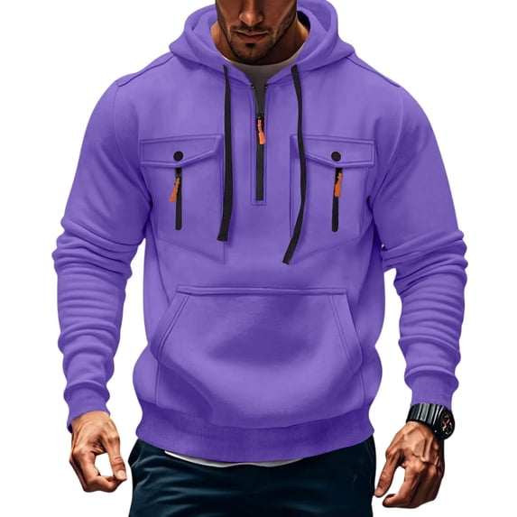 Evdexr Big and Tall Pullover Men Quarter Zip Tactical Hoodies Fall Drawstring Long Sleeve Gym Hoodie Winter Kangaroo Pockets Weighted Military Sweatshirt Purple 2XL