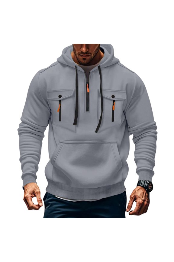 Men's Tactical Pullover Quarter Zip Big and Tall Hoodies Fall Long Sleeve Drawstring Gym Sweatshirt Winter Multiple Pockets Oversized Military Hoody Light Gray 4XL