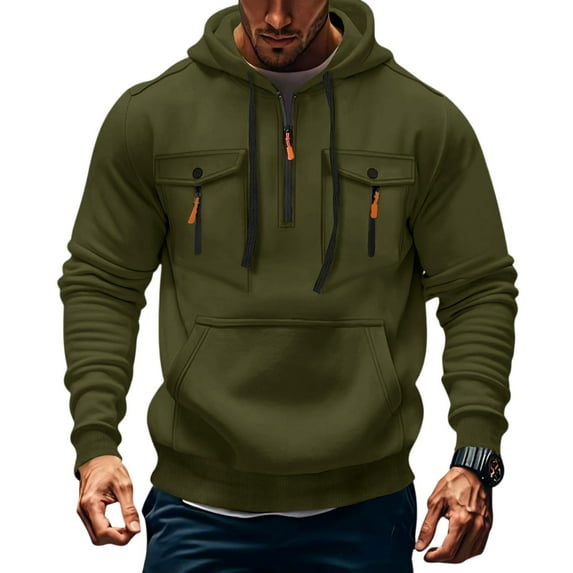 Evdexr Big and Tall Pullover Men Tactical Quarter Zip Hoodies Fall Long Sleeve Drawstring Gym Sweatshirt Winter Multiple Pockets Weighted Cargo Hoodie Army Green 4XL