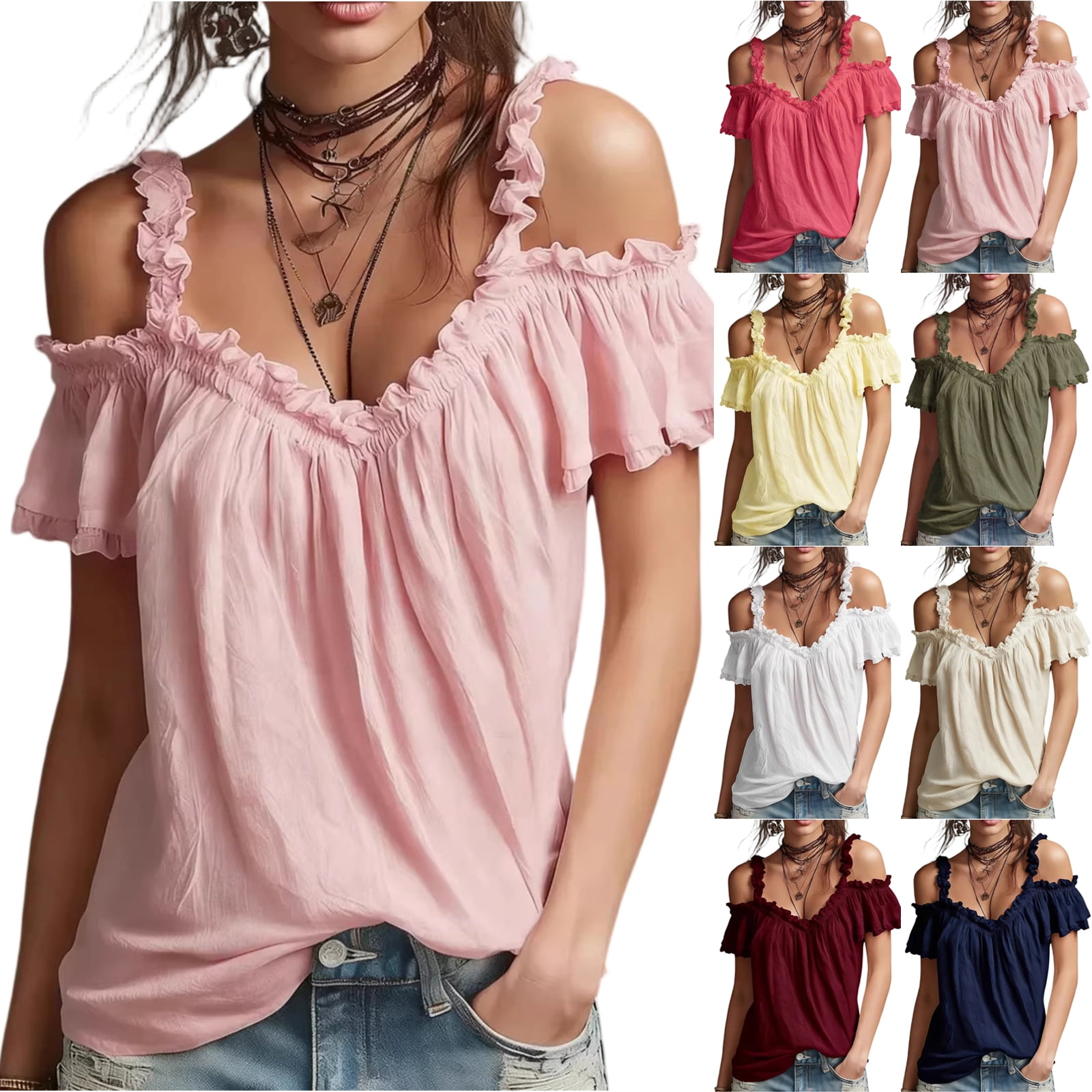 Evdexr Blouses for Women Short Sleeve Cold Shoulder Shirts Off-Shoulder ...