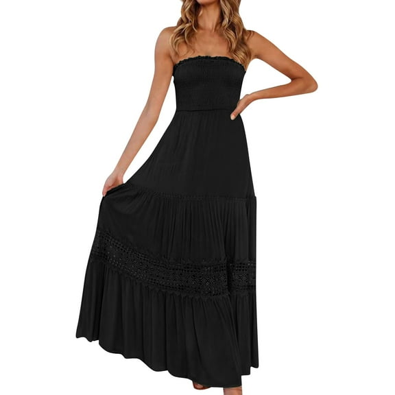Evdexr Tube Top Dress for Women 2025 Summer Solid Strapless Maxi Dresses Off Shoulder Smocked Flowy Beach Sundresses Black M