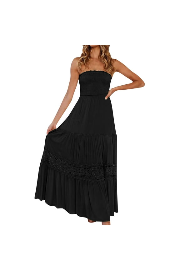 Tube Top Dress for Women 2025 Summer Solid Strapless Maxi Dresses Off Shoulder Smocked Flowy Beach Sundresses Black 2XL