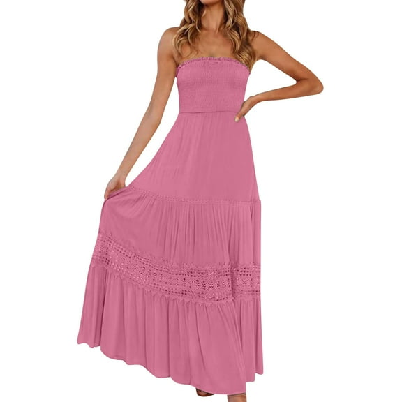 Evdexr Tube Top Dress for Women 2025 Summer Solid Strapless Maxi Dresses Off Shoulder Smocked Flowy Beach Sundresses Hot Pink 2XL