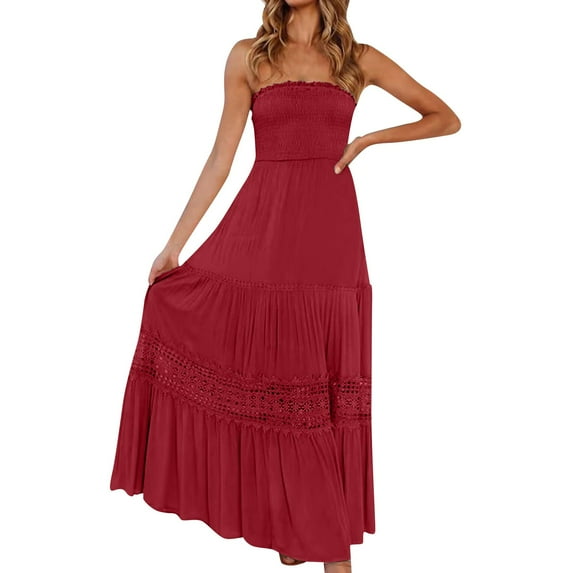 Evdexr Boho Maxi Skirt for Women Summer Floral Smocked High Waisted Skirts with Pockets Vacation A-Line Long Flowy Skirts Red M