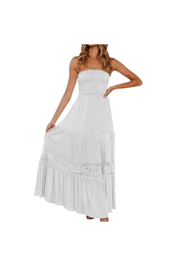 Boho Maxi Skirt for Women Summer Floral Smocked High Waisted Skirts with Pockets Vacation A-Line Long Flowy Skirts White M