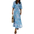 thumbnail image 1 of Evdexr Boho Sundress Women Maxi Tiered Beach Dress Puff Sleeve V Neck Flowy Vacation Floarl Dresses 2025 Loose Fit Smocked Bohemian Frocks Sky Blue S, 1 of 4