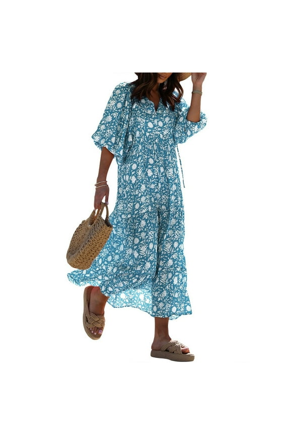 Boho Sundress for Womens Maxi Tiered Beach Dress V Neck Puff Sleeve Long Hawaiian Floarl Dresses 2025 Flowy Lounge Bohemian Fashion Light Blue XL