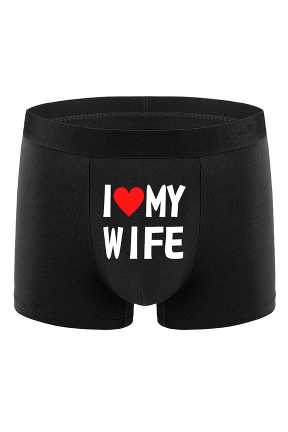 Boxer Briefs Mens Cotton Heart Print I Love My Wife Pattern Trunks Moisture Funny Underpants Black L
