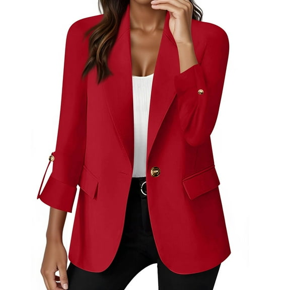 Evdexr Business Blazers Women Lightweight Open Front Suit Cardigan Lined Lapel Office Blazer Jackets Summer Long Sleeve Plus Size Button Down Suit Jackets with Pockets Red 2XL