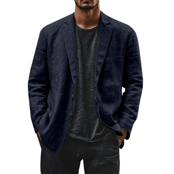 Evdexr Button Down Blazer for Men Big and Tall Linen Dress Shirts Striped Cotton Business Jackets Summer Long Sleeve Wrinkle Free Loose Fit Suits Dark Blue XL