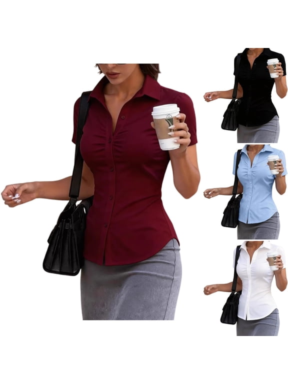 Button Down Shirts for Women Fitted Short Sleeve Ruched Collared Neck Blouses Ladies Office Work Tops Wine L