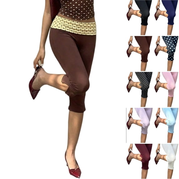 Evdexr Capri Leggings Women Polka Dots Cropped Pants Low Rise Yoga Knee Length Trendy Slacks Casual Soft Comfortable Trousers with Pockets Brown L