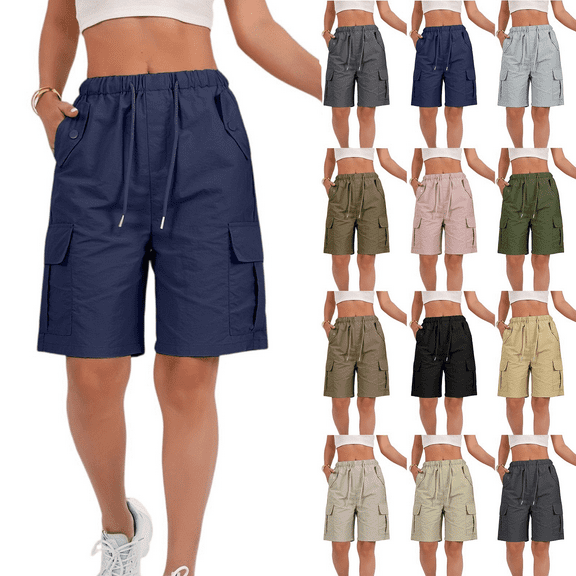 Evdexr Cargo Shorts Women Bermuda Hiking Short Pants Drawstring Relaxed Fit Fishing Golf Shorts Summer Knee Length High Rise Elastic Waist Trouser Shorts Khaki 2XL