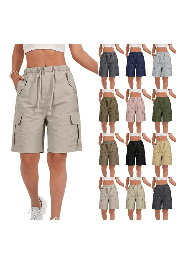 Evdexr Cargo Shorts Womens Hiking Bermuda Short Pants Drawstring Multi-Pockets Fishing Golf Shorts Casual Knee Length Stretchy Elastic Waist Trouser Shorts Black 2XL