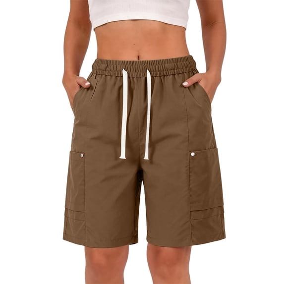 Evdexr Cargo Shorts Womens Knee Length Drawstring Bermuda Shorts Summer Wide Leg Work Shorts Elastic Waist Baggy Casual Short with Multi Pockets Coffee M