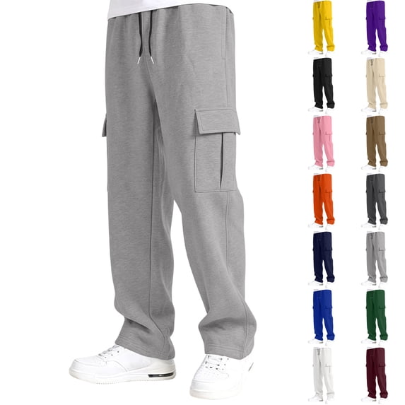 Evdexr Cargo Sweatpants Mens Baggy Drawstring Pants with Multiple Pockets Winter Fall Casual Work Joggers Wide Leg Straight Breathable Trousers L