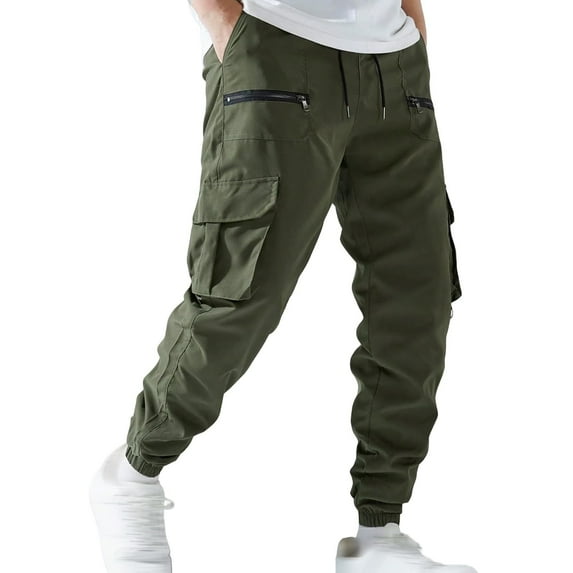 Evdexr Cargo Sweatpants Mens Tactical Baggy Pants Drawstring Zipper Pockets Work Trousers Fall Tapered Loose Fit Elastic Waist Multi Pockets Pant Army Green 2XL