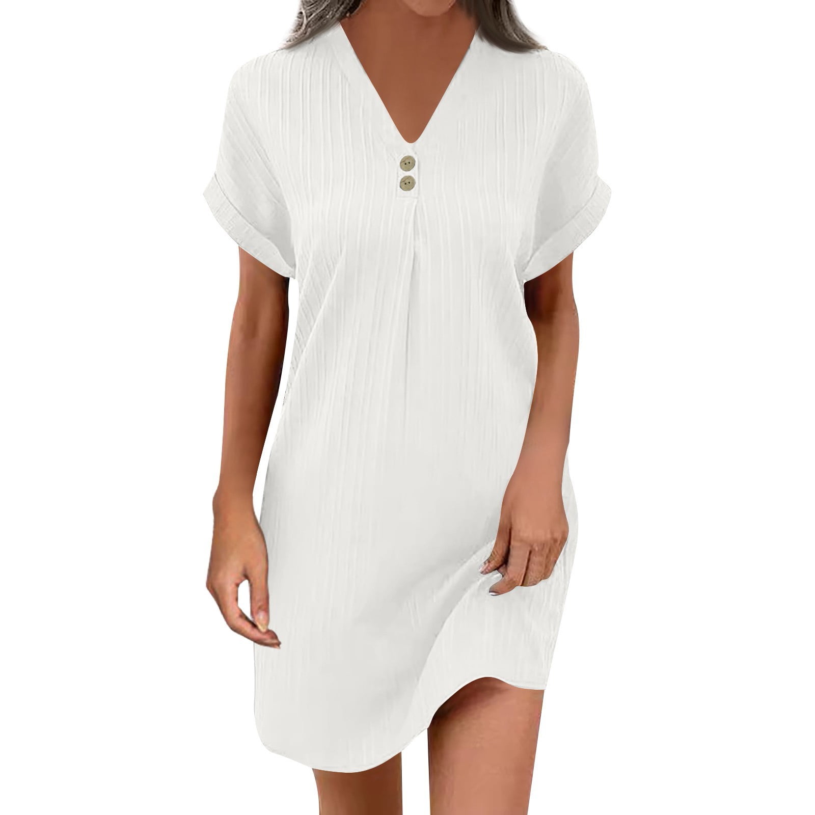 V Neck A-line Casual Dress Women's Empire Waist Summer Dress - V-Neck Short Sleeve Midi A-Line Cotton Linen Dress 2025 Trendy Casual Dress