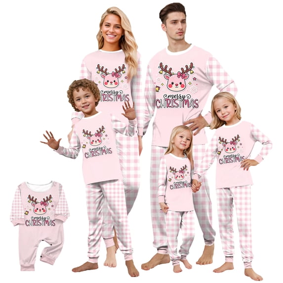 Evdexr Christmas Family Pajamas Matching Sets Crew Neck Long Sleeve Tops & Pants Sets 2026 Cute Xmas Printed Sleepwear Relaxed Fit Elastic Waist Casual Pjs Set 6 Months
