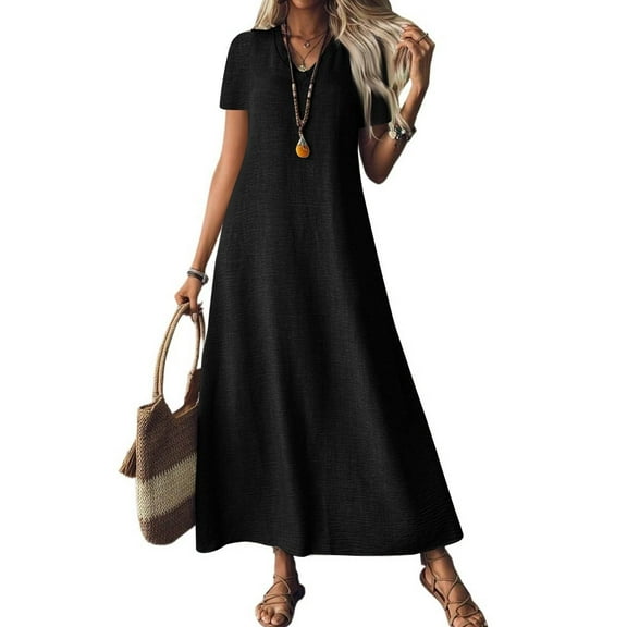 Evdexr Cotton Dresses Womens Linen Maxi Dresses Solid Colour V Neck Flowy Short Sleeve Retro Dress Flowy Plus Size Baggy 2025 Shirt Dress with Pockets Black 2XL