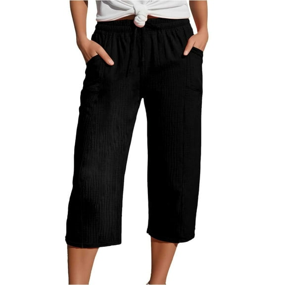 Evdexr Cotton Linen Capri Pants Womens Petite Drawstring Business Harem Pants Straight Leg Trendy Cropped Pant Below the Knee Tummy Control Trousers with Pockets Black XL