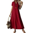 thumbnail image 1 of Evdexr Cotton T-Shirt Dress for Womens Maxi Linen Dress Short Sleeve V Neck Flowy Solid Colour A-Line Dresses Oversized Baggy Loose Trendy Shirt Dress with Pockets Wine M, 1 of 7