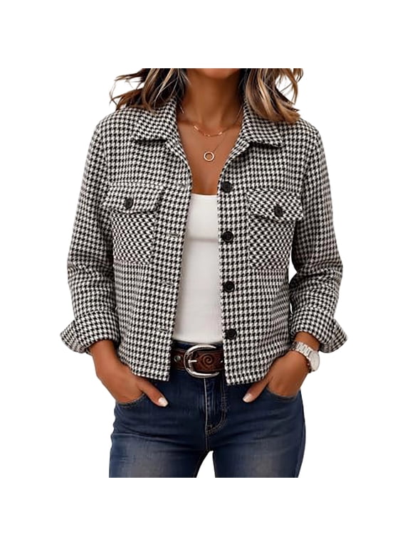 Cropped Shacket for Women Long Sleeve Button Down Plaid Coat 2026 Winter Y2k Casual Jacket Relaxed Fit Oversized Tops with Front Pockets XL