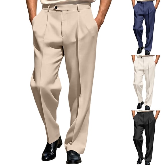 Evdexr Dress Pants Men Baggy Suit Pants with Belt Loops 2026 Stretch Work Trousers Elastic Waist Plain Casual Pants with Pockets White S