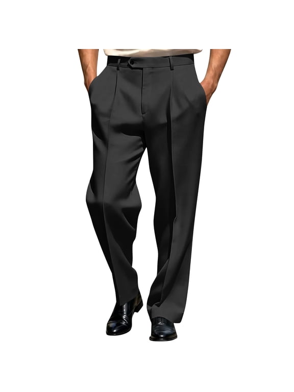 Dress Pants for Men Big and Tall Suit Pants with Belt Loops Summer Plain Work Trousers Pleated Wrinkle Free Casual Pants with Pockets Black S