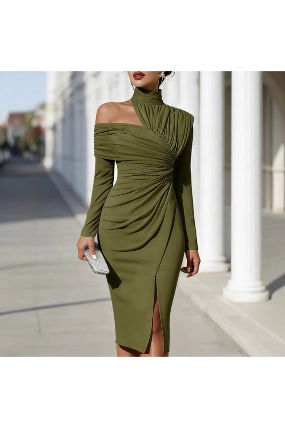 Dresses for Women Mock Neck Midi Dress Long Sleeve Summer 2026 Smocked Casual Wedding Guest Dress Ruched Slim Fit Asymmetrical Sundress Army Green S