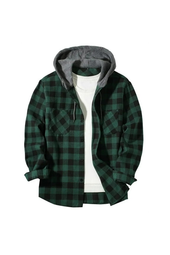 Evdexr Flannel Jacket Men Plaid Hoodies Hooded Long Sleeve Winter Coats with Hood Button Down Quilted Thermal Fall Jacket with Pockets Green 3XL