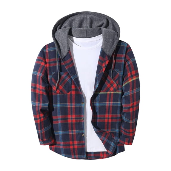 Evdexr Flannel Shirt for Men Long Sleeve Plaid Button Down Jackets 2026 Drawstring Back To School Holiday Hoodie Checkered Lightweight Christmas Tops with Pockets 2XL