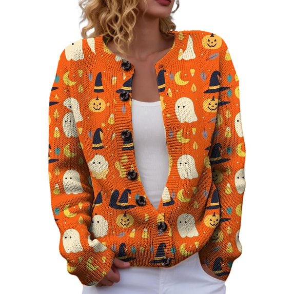 Evdexr Halloween Cardigan Women Skeleton Pumpkin Graphic Cardigan Sweaters Funny Knit Button Down Long Sleeve Jackets Open Front Lightweight Cardigans XL
