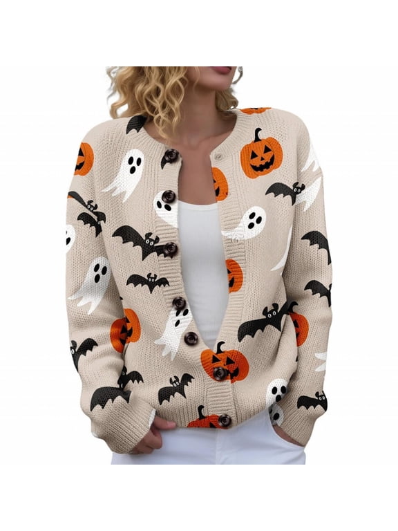 Halloween Cardigan Women Witch Pumpkin Graphic Cardigan Sweaters 2026 Knit Long Sleeve Button Down Jackets Oversized Plus Size Cardigans L