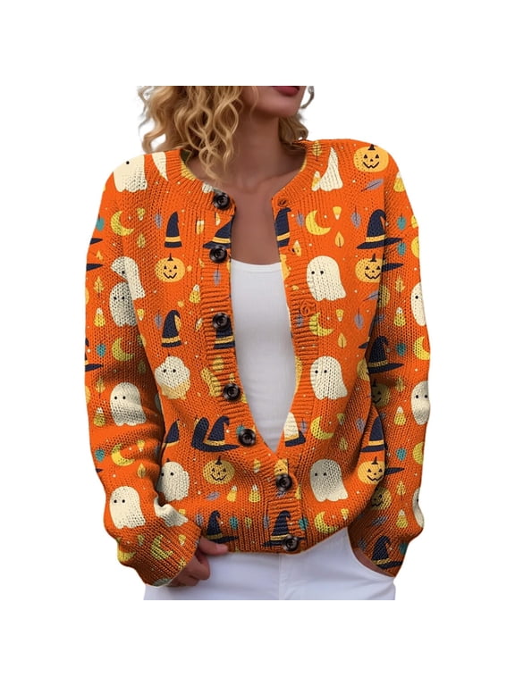 Halloween Cardigan Women Witch Pumpkin Graphic Cardigan Sweaters Funny Button Down Knit Long Sleeve Cardigans Loose Oversized Jackets 2XL