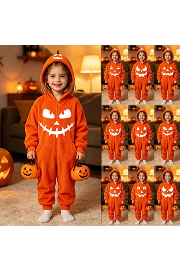 Halloween Kid's Pajamas 2026 Smiling Lantern Face Pumpkin Graphic Onesie Hooded Breathable Plus Size Casual Costume with Pocket 2-3Y