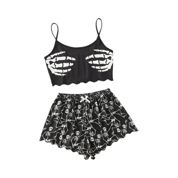 Evdexr Halloween Pajamas Women 2 Piece Set Lettuce Trim Halloween Graphic Sleepwear Strappy Vest and Shorts Pjs Outfits Black M